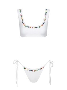 NWT Oceanus White Jewel-Embellished Scoop Bikini Set - Women Swim